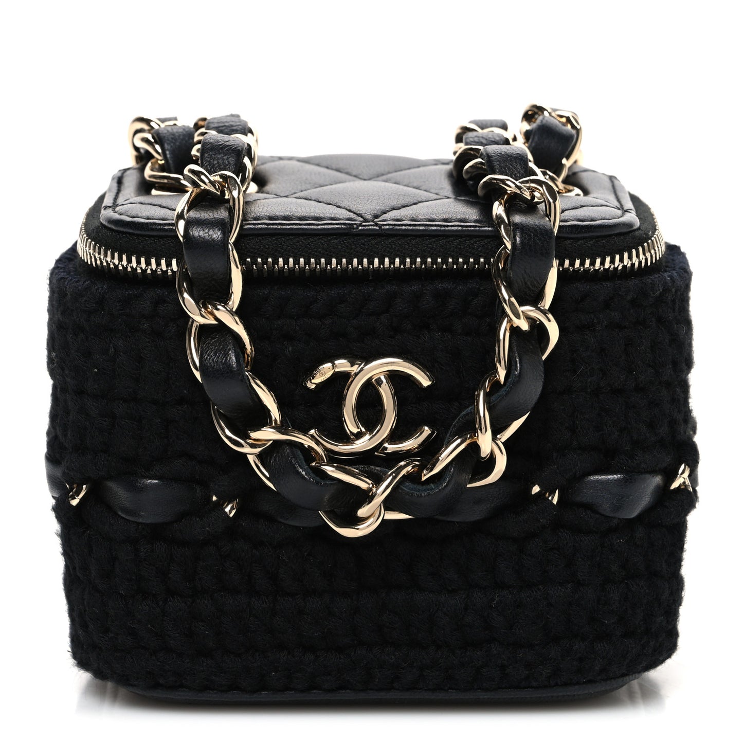 Lambskin Crochet Quilted Mini Vanity Case With Chain Black