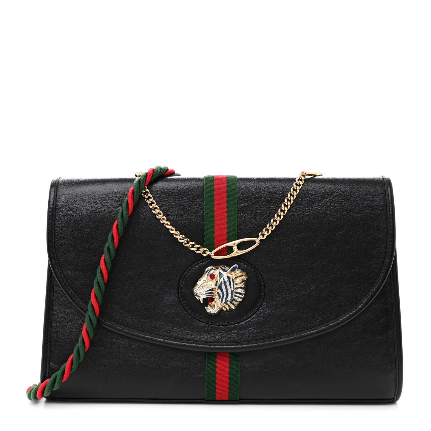 Textured Calfskin Web Medium Rajah Slim Flap Shoulder Bag Black