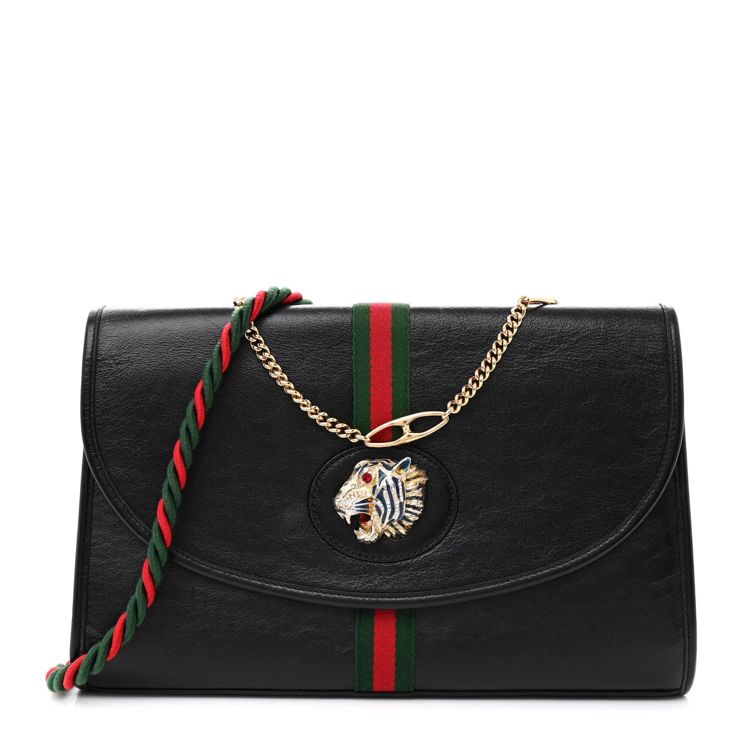 Gucci Textured Calfskin Web Medium Rajah Slim Flap Shoulder Bag Black 1 of 11