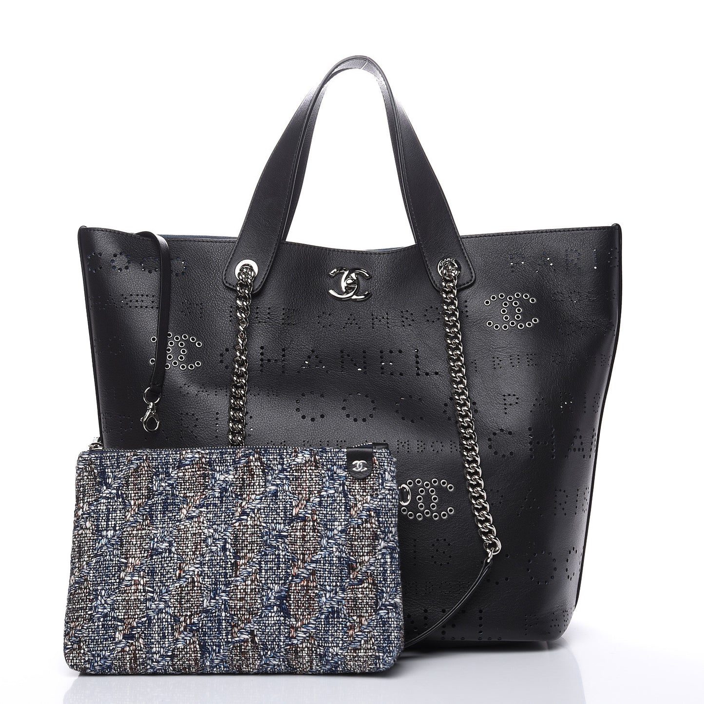 Calfskin Tweed Small Logo Eyelets Shopping Tote Black