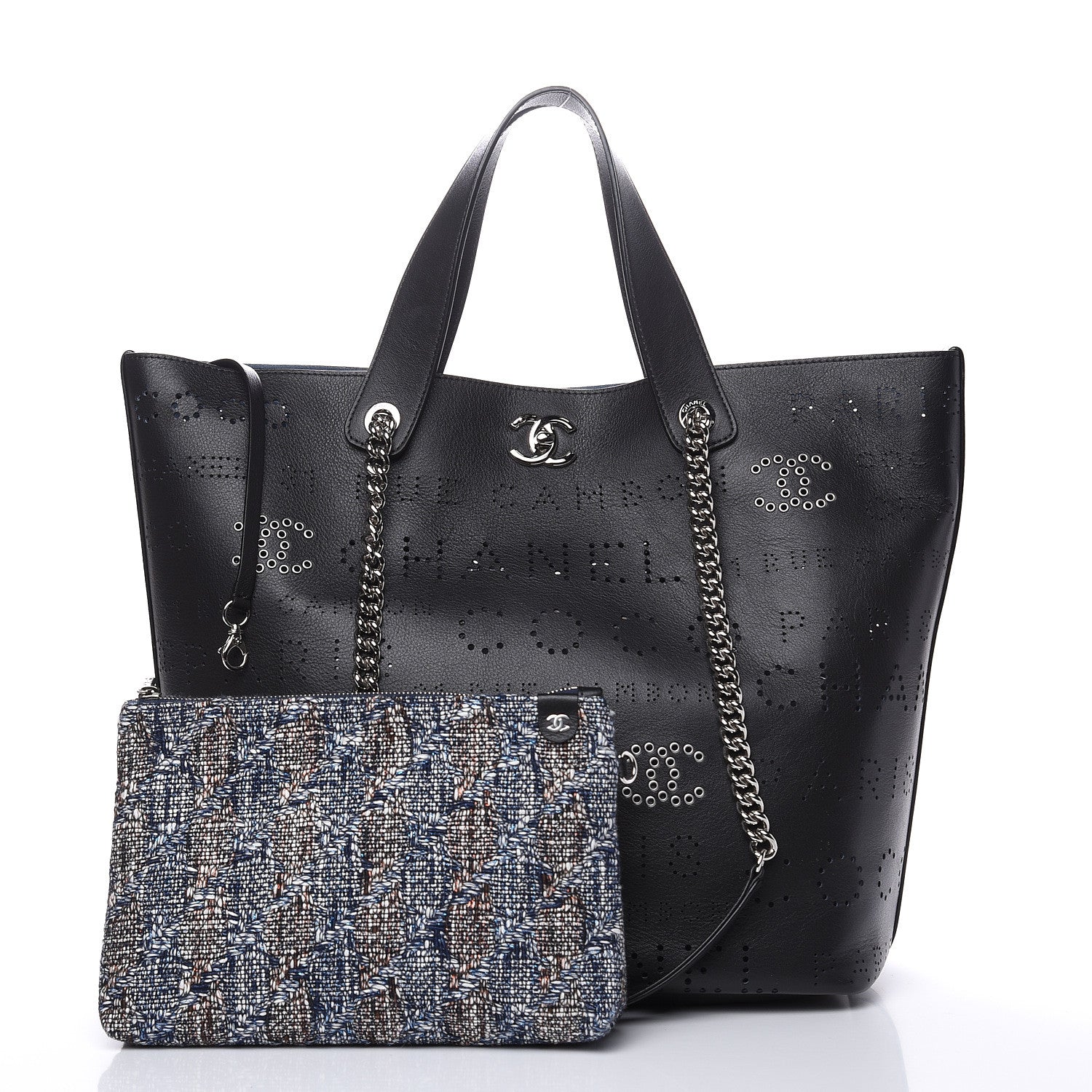 Chanel Calfskin Tweed Small Logo Eyelets Shopping Tote Black 4 of 12