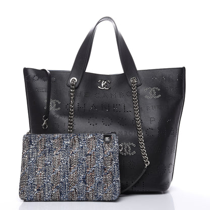 Chanel Calfskin Tweed Small Logo Eyelets Shopping Tote Black 4 of 12
