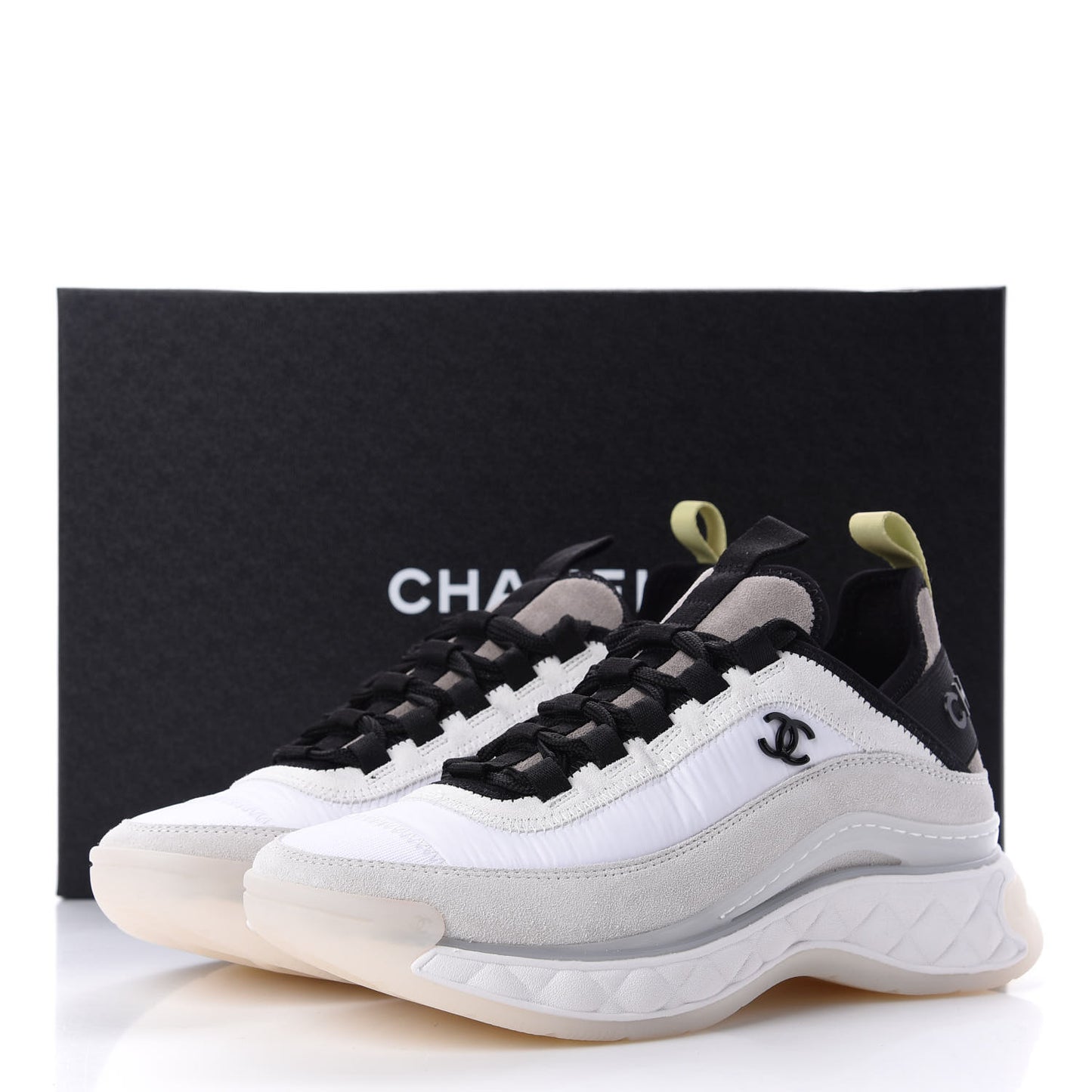Calfskin Suede Nylon CC Sneakers 36 White Grey Yellow