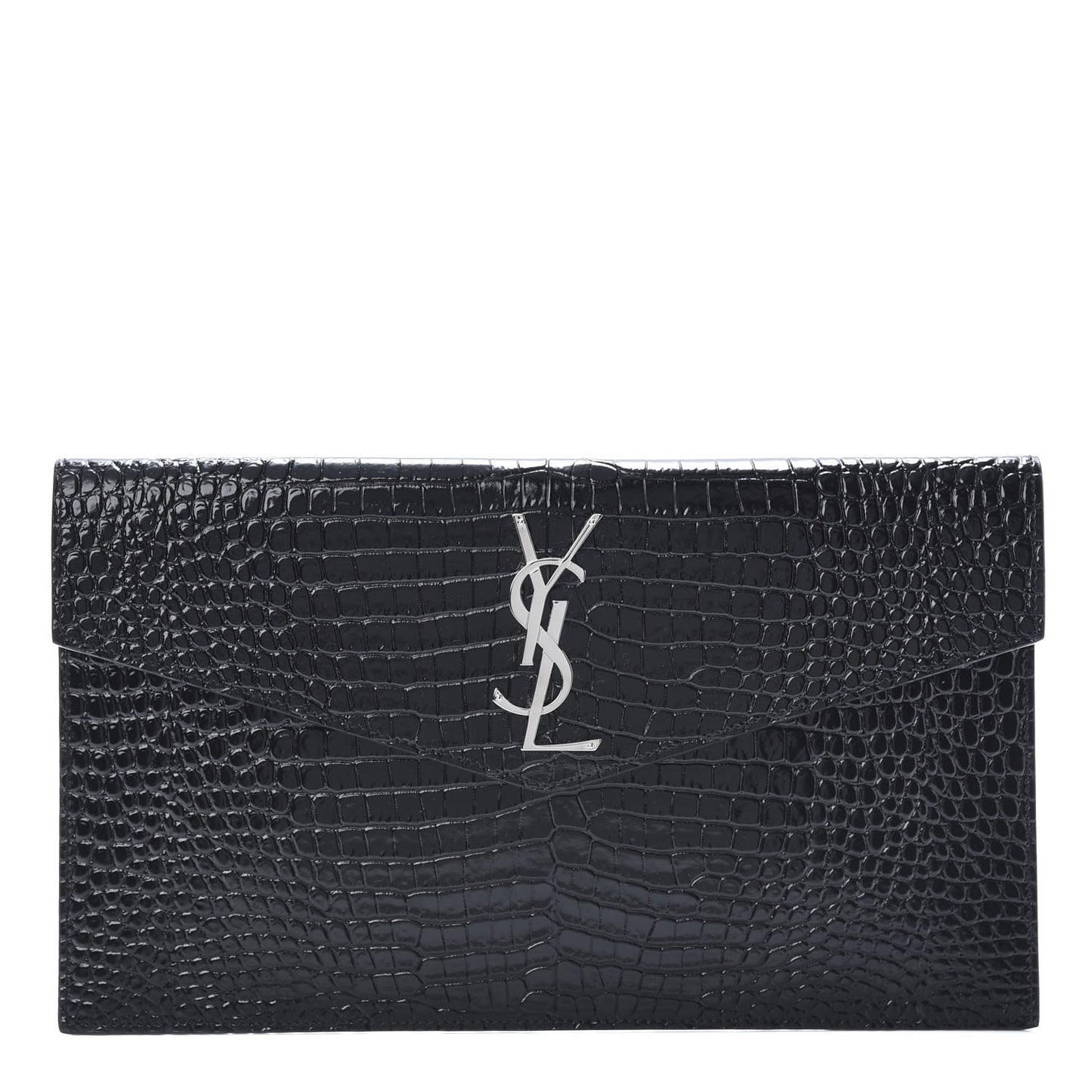 Calfskin Crocodile Embossed Uptown Monogram Clutch Black