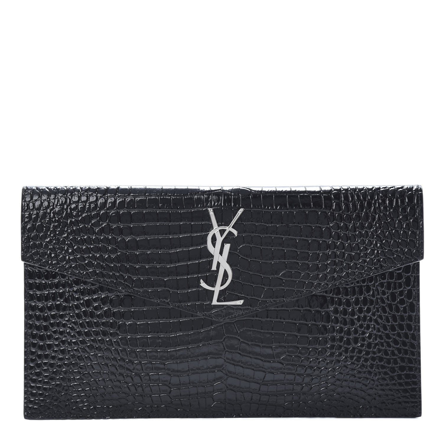 Saint Laurent Calfskin Crocodile Embossed Uptown Monogram Clutch Black 1 of 8