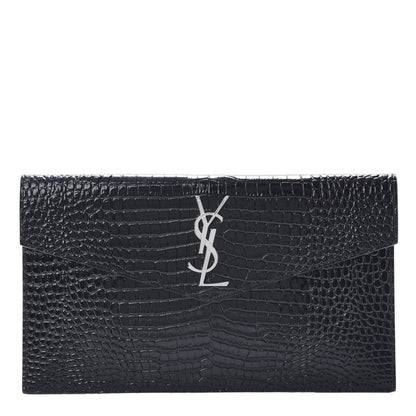 Saint Laurent Calfskin Crocodile Embossed Uptown Monogram Clutch Black 1 of 8