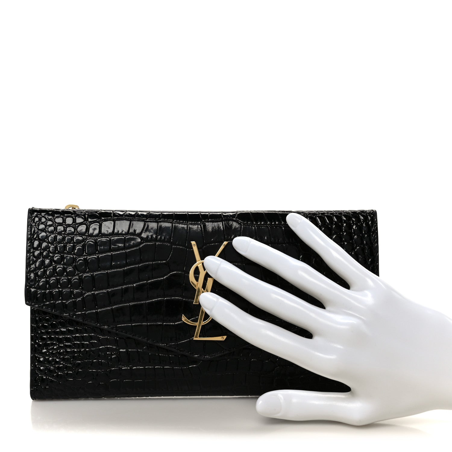 Saint Laurent Shiny Calfskin Crocodile Embossed Monogram Uptown Wallet Black 2 of 9