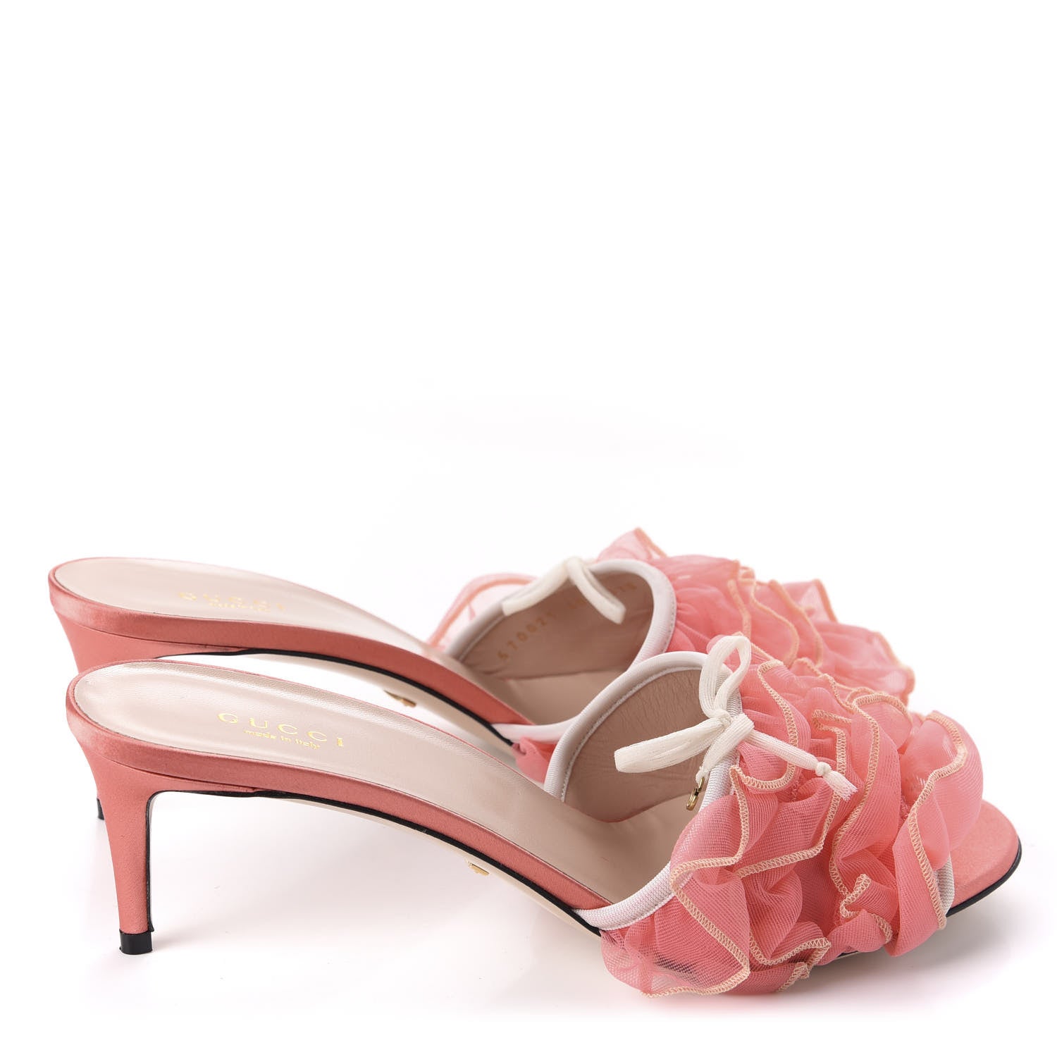 Gucci Tulle Ruffle Low Heel Slide Sandals 40 Peach White 4 of 12