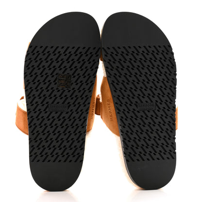 Hermes Suede Goatskin Woolskin Womens Chypre Sandals 38 Brun Fume Ecru 5 of 8
