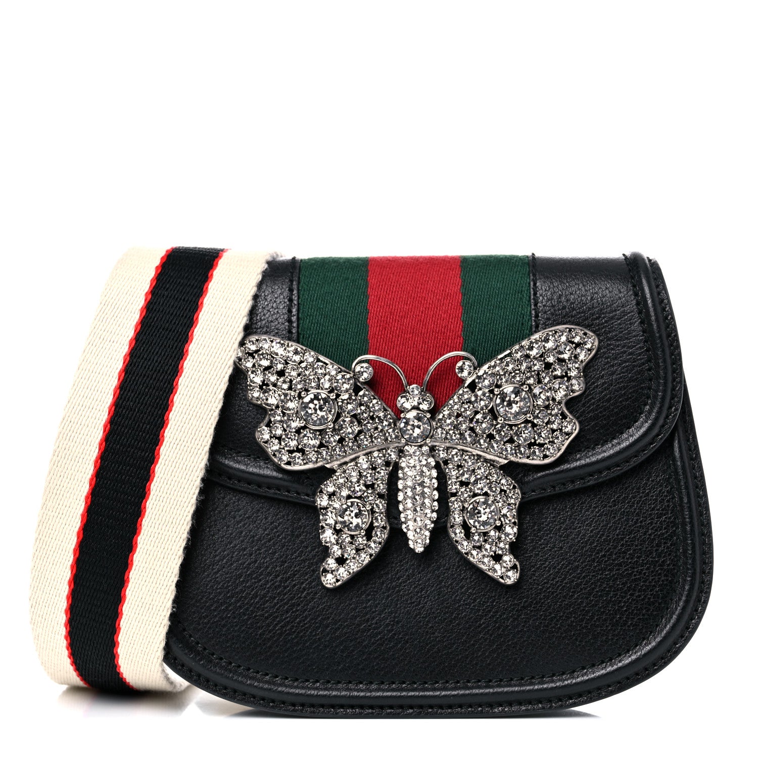 Gucci Calfskin Web Crystal Butterfly Stripe Small Totem Shoulder Bag Black 1 of 15