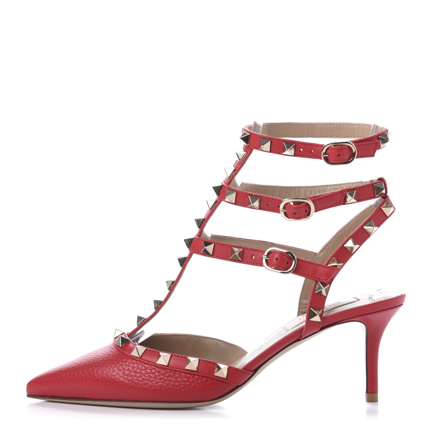 Valentino Garavani Pebbled Calfskin Rockstud Ankle Strap Low Heel Pumps 37 Rosso 1 of 9