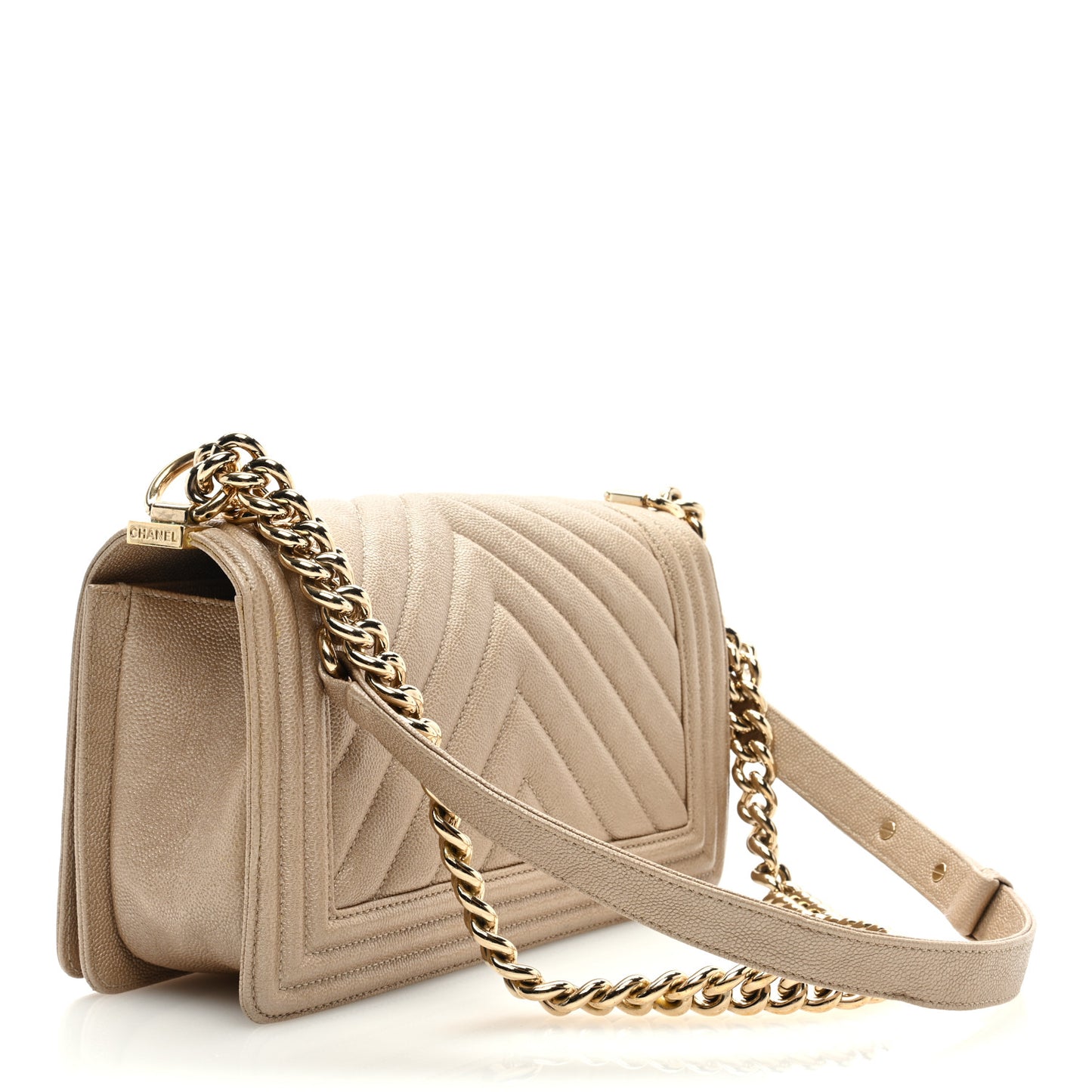 Metallic Caviar Chevron Quilted Medium Boy Flap Light Beige