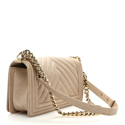Chanel Metallic Caviar Chevron Quilted Medium Boy Flap Light Beige 3 of 9