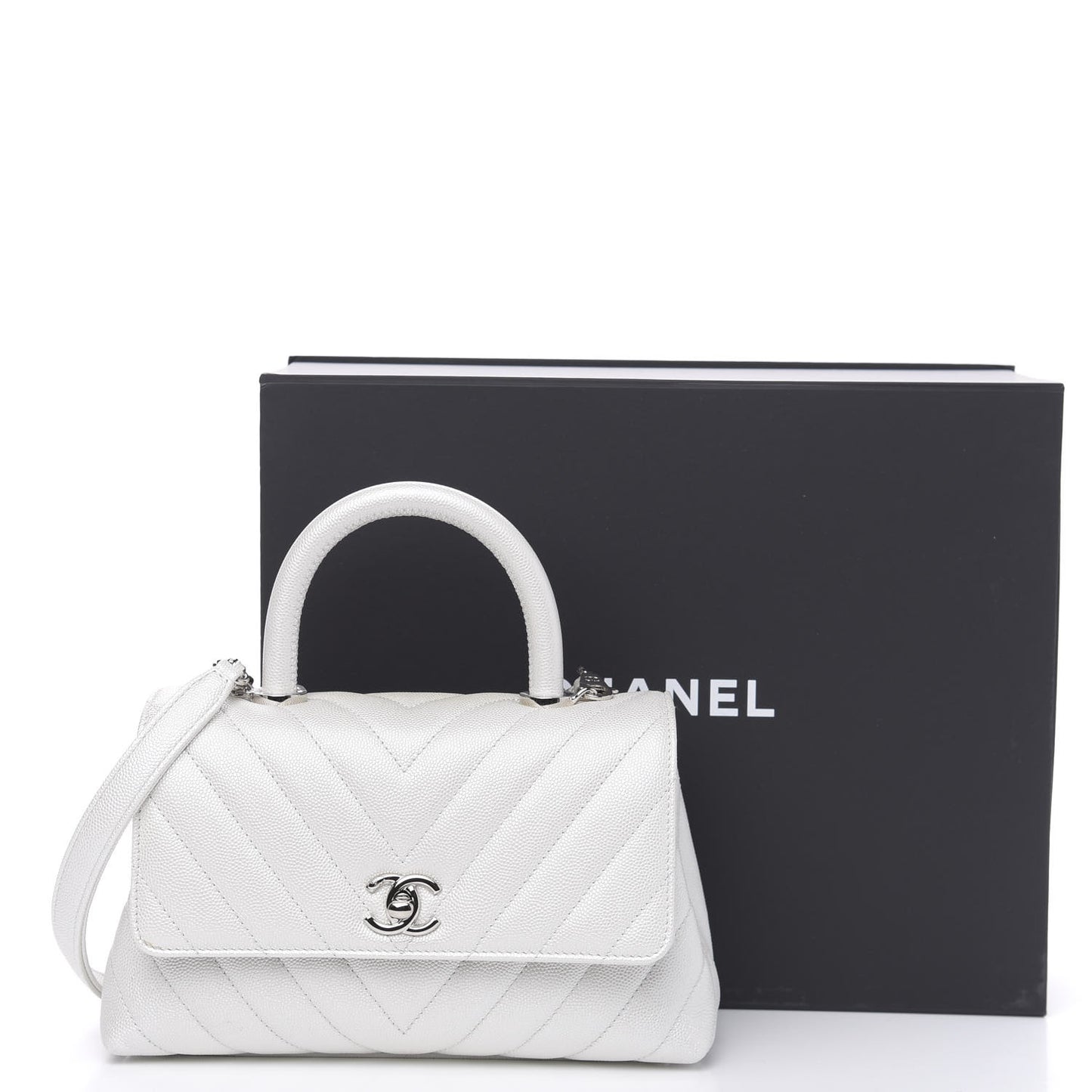 Iridescent Caviar Chevron Quilted Mini Coco Handle Flap White