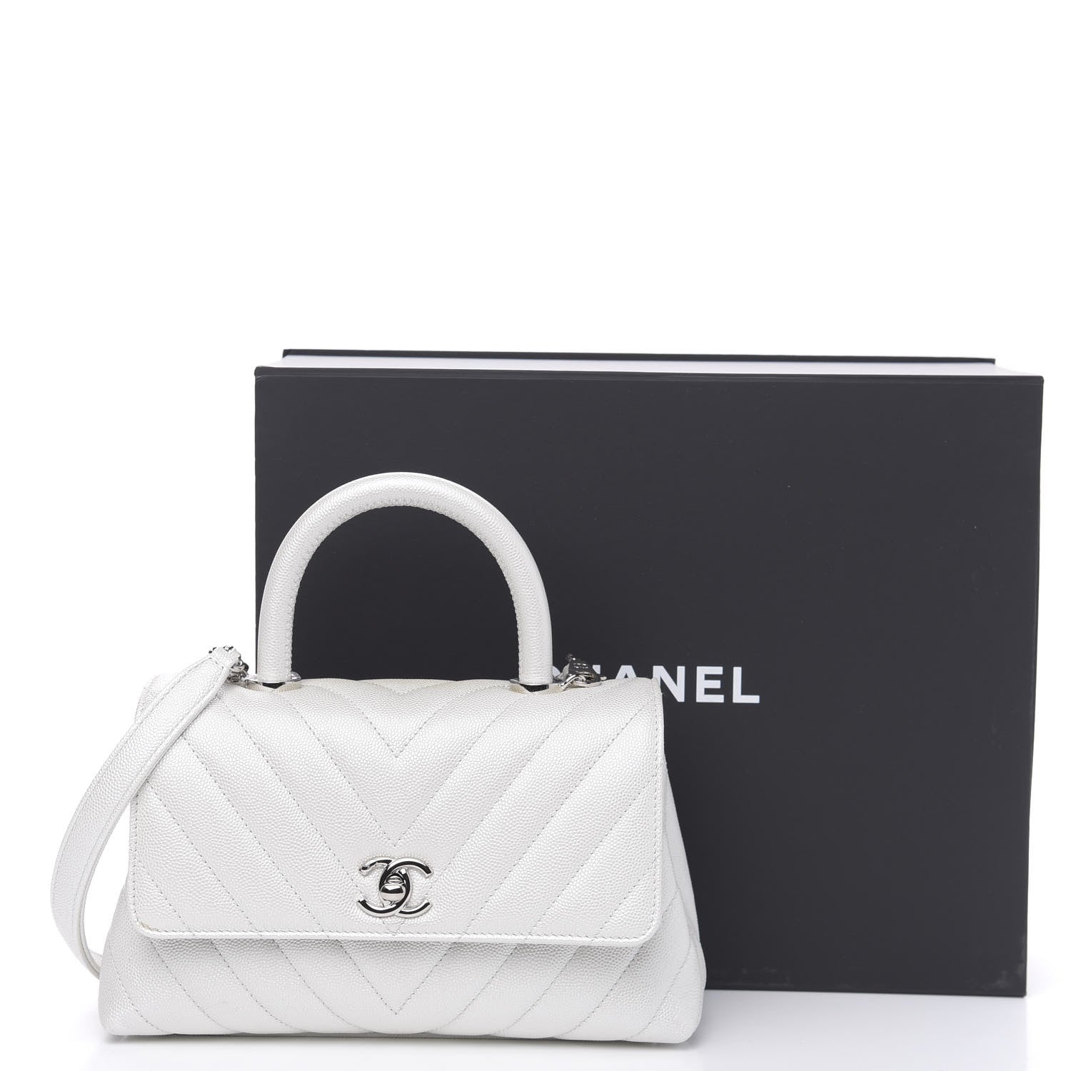 Chanel Iridescent Caviar Chevron Quilted Mini Coco Handle Flap White 12 of 12