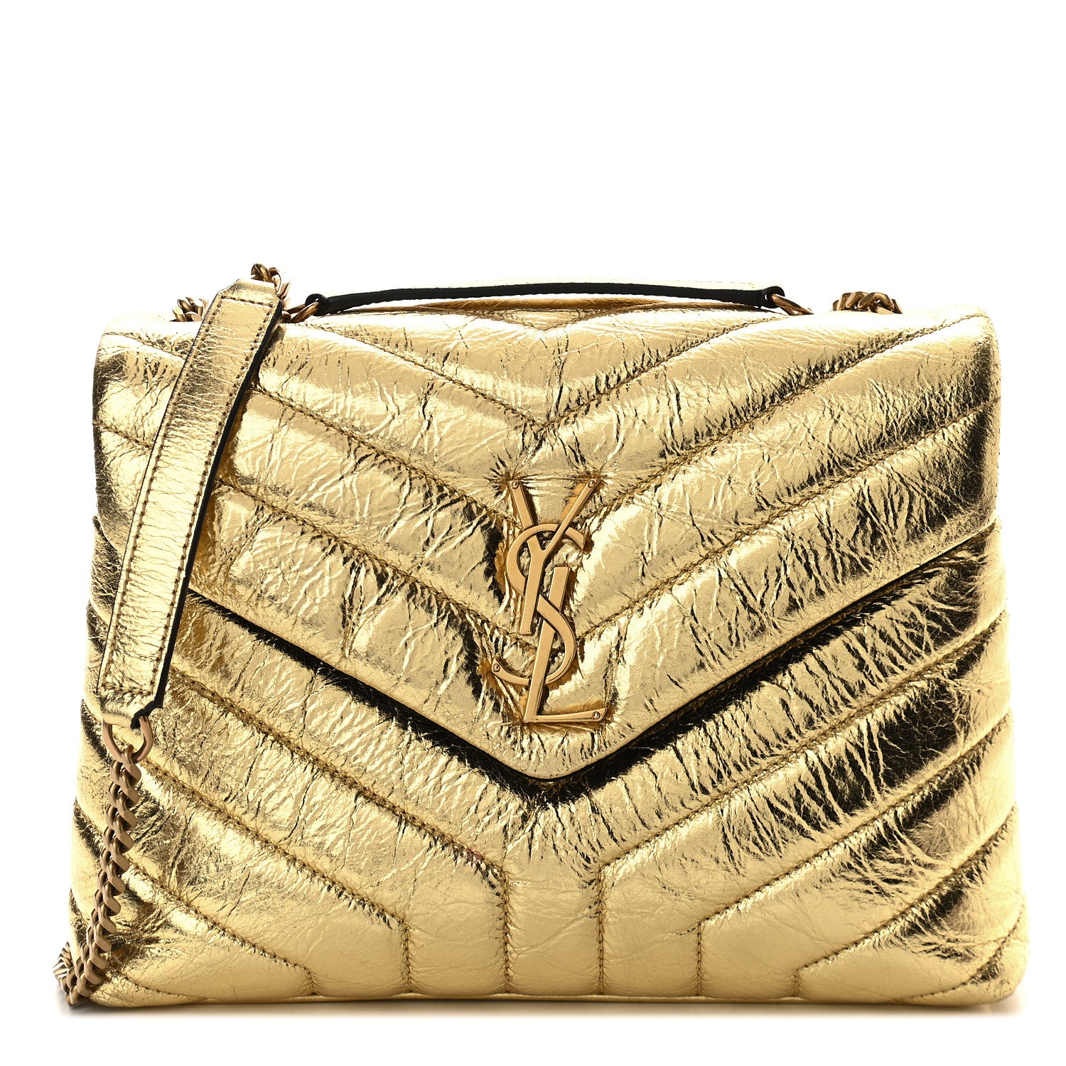 Saint Laurent Metallic Calfskin Y Quilted Small Loulou Monogram Chain Satchel Gold 1 of 8