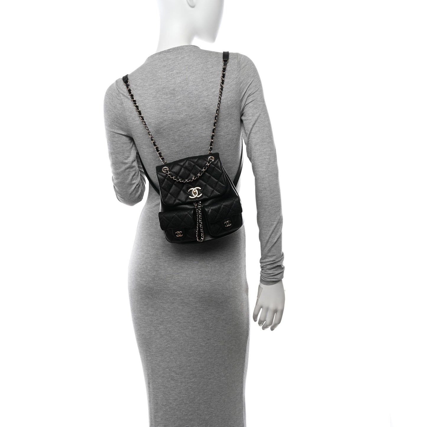 Shiny Caviar Quilted Medium Duma Pockets Drawstring Backpack Black