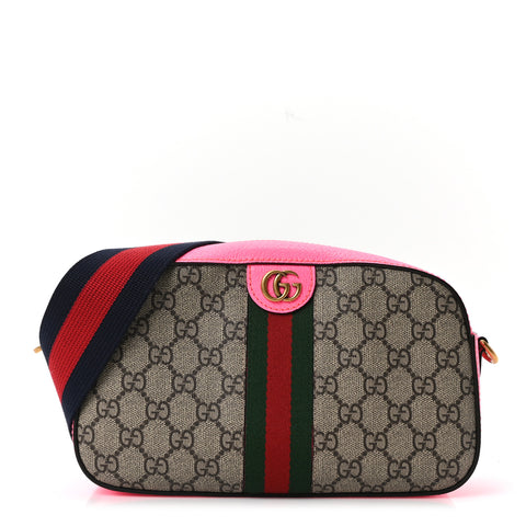 GG Supreme Monogram Textured Dollar Calfskin Web Ophidia Small Crossbody Bag Beige Ebony Fuchsia