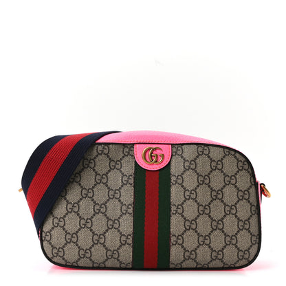 Gucci GG Supreme Monogram Textured Dollar Calfskin Web Ophidia Small Crossbody Bag Beige Ebony Fuchsia 1 of 10