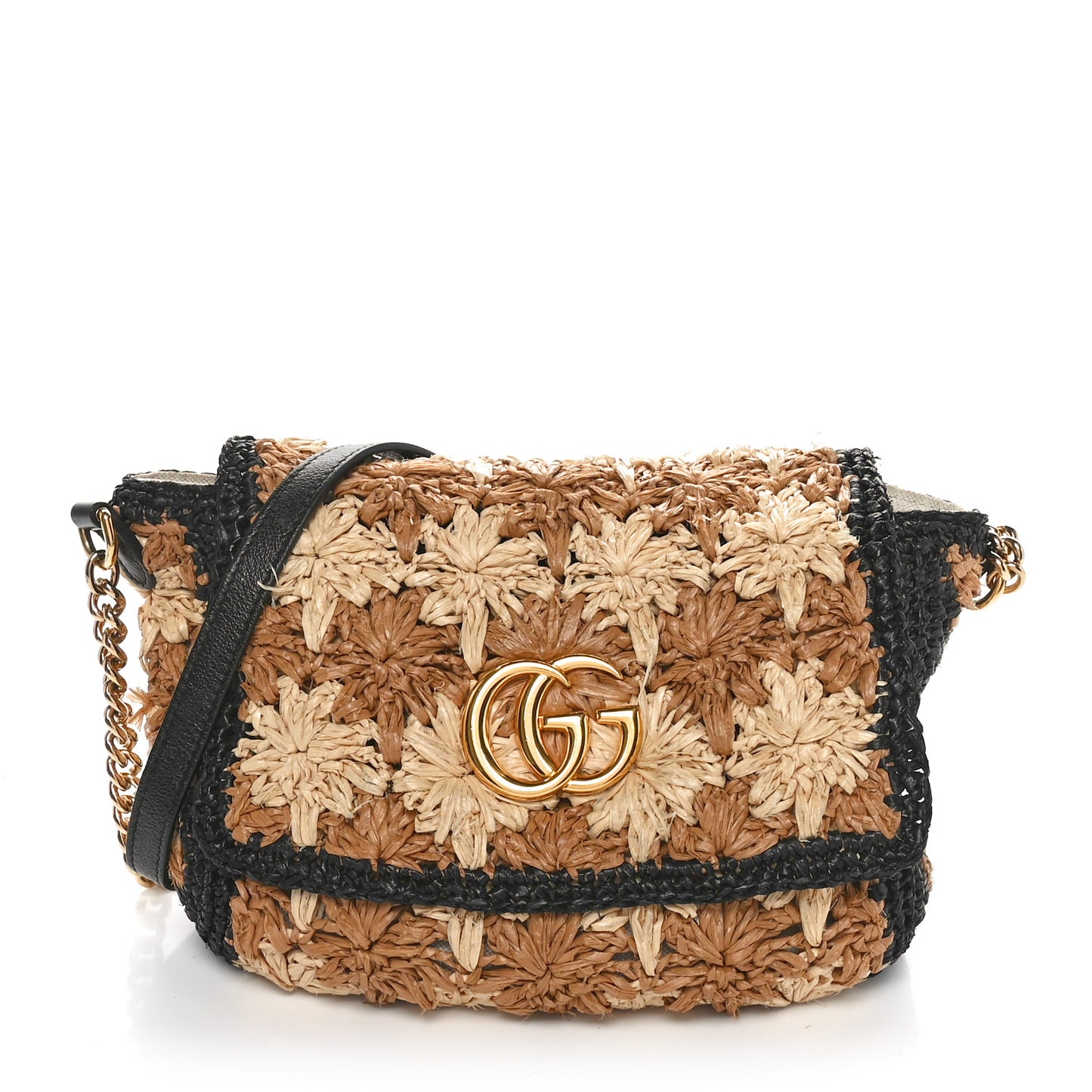 Raffia Azalea Calfskin Crochet Flower Small GG Marmont Shoulder Bag Natural Ecru Black