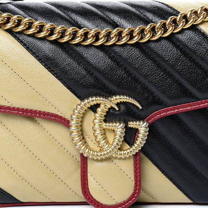 Gucci Vintage Effect Calfskin Matelasse Diagonal Striped Small Torchon GG Marmont Shoulder Bag Black Beige 7 of 9
