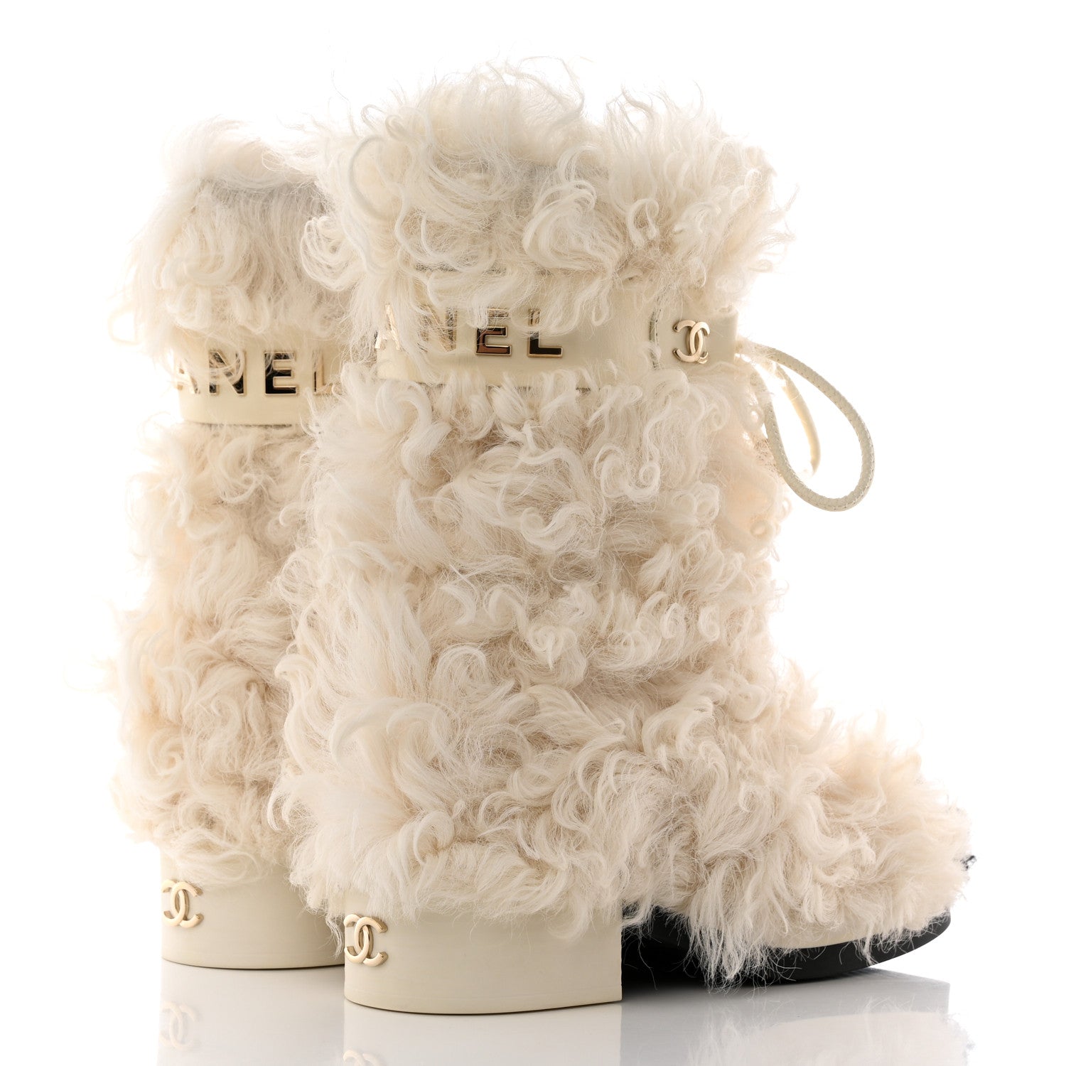 Chanel Shearling Sheepskin High Boots 35.5 Ivory Black 4 of 15