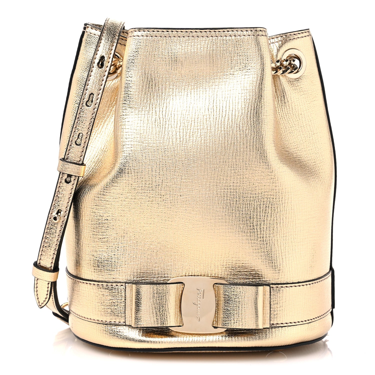 Salvatore Ferragamo Metallic Calfskin Vara Bow Bucket Bag Gold 1 of 8