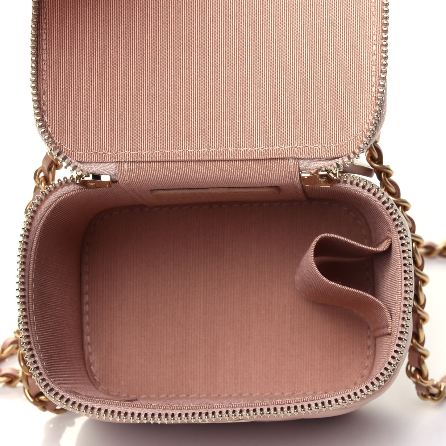 Lambskin Quilted Top Handle Mini Vanity Case With Chain Beige