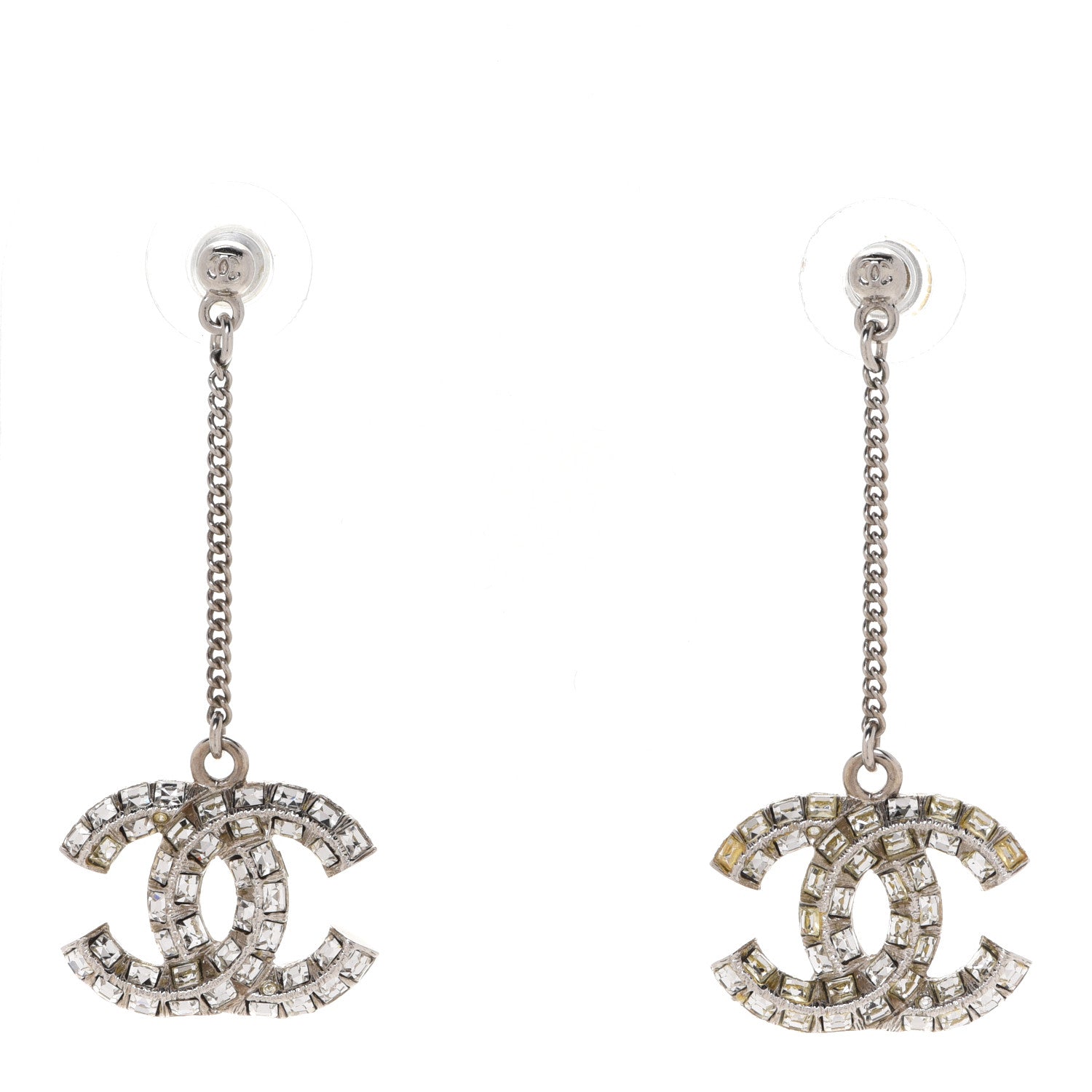 Chanel Baguette Crystal CC Drop Earrings Silver 1 of 4