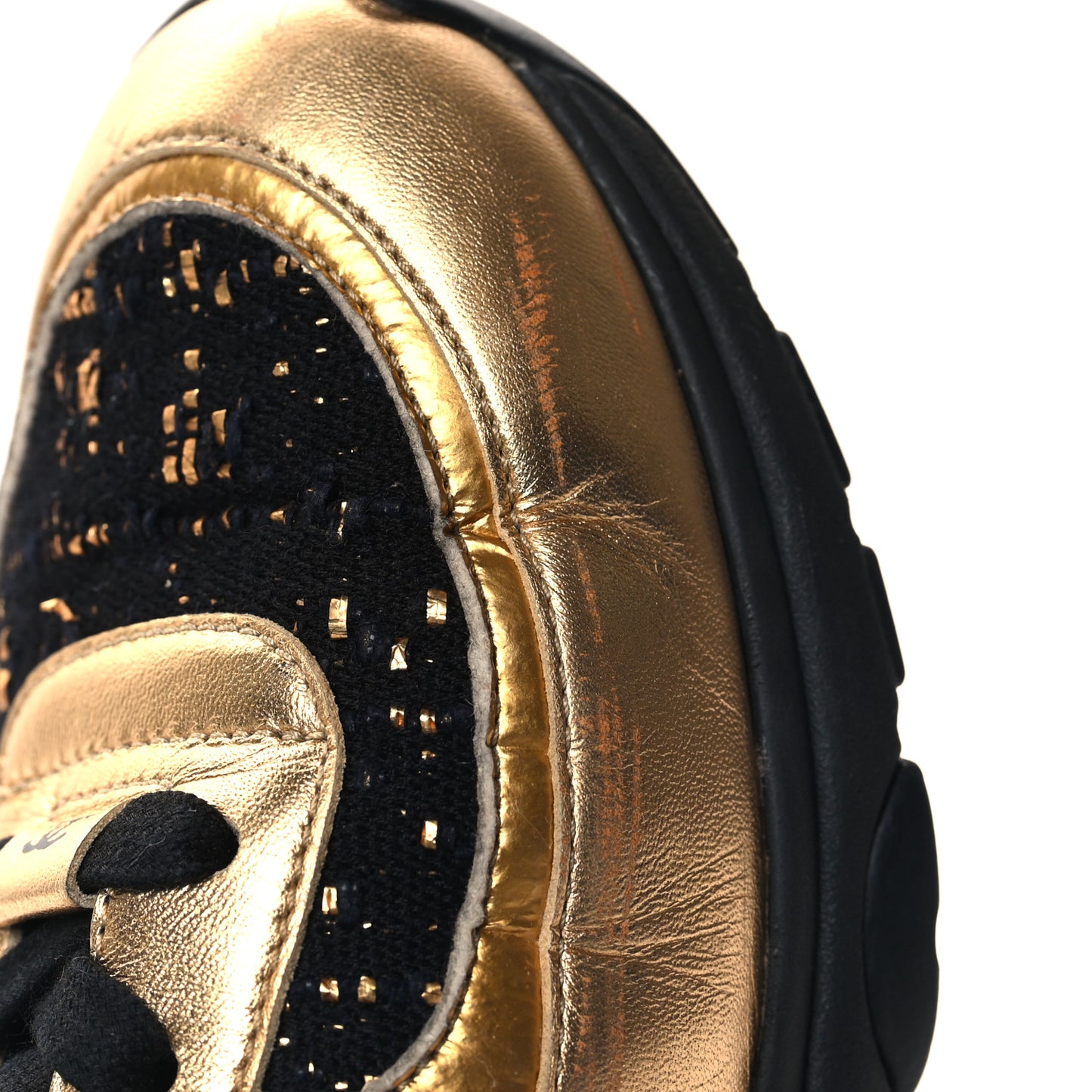 Satin Lambskin Fabric Tweed CC Sneakers 38.5 Gold Black