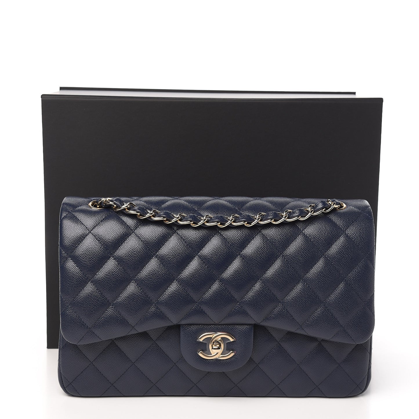 Caviar Quilted Jumbo Double Flap Navy Blue