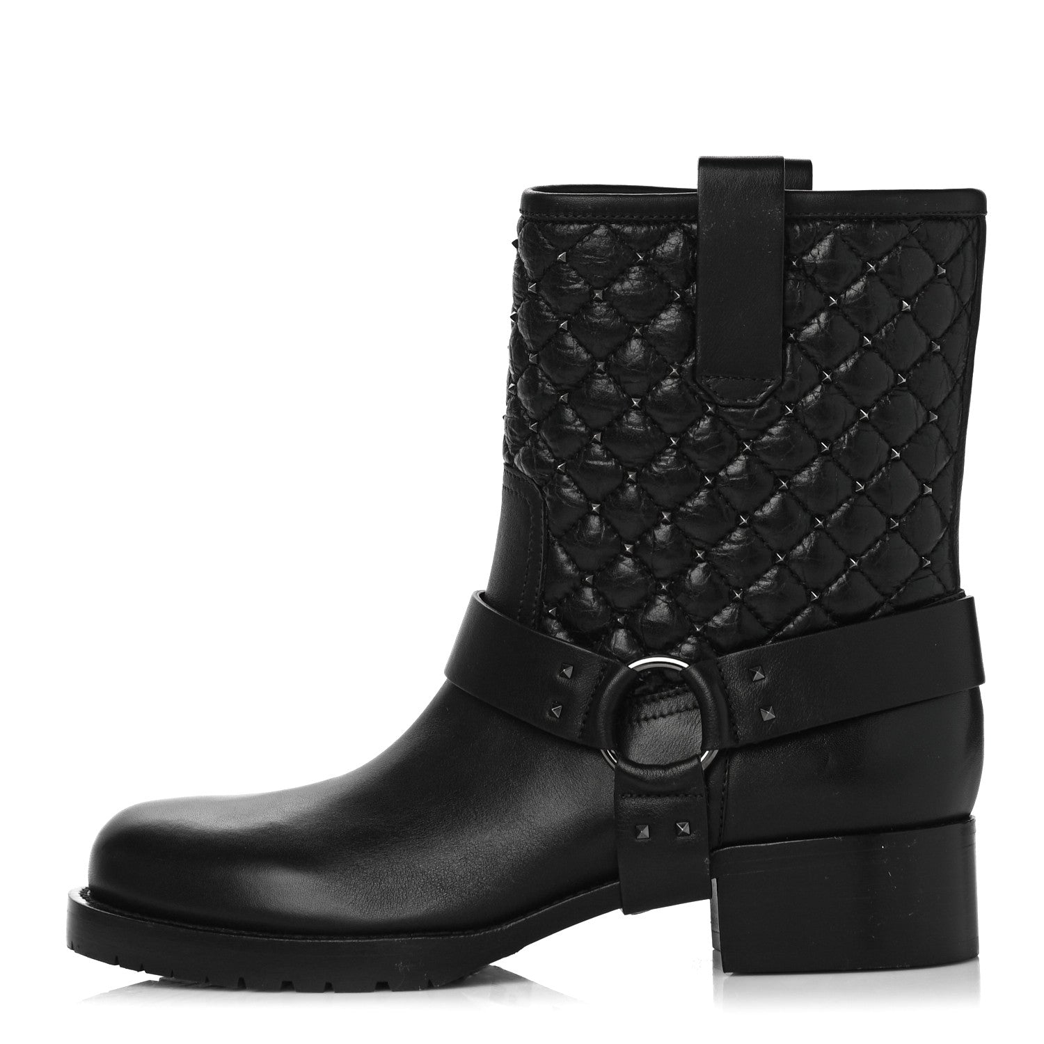 Valentino Garavani Calfskin Crackled Lambskin Rockstud Spike 20mm Biker Boots 37 Black 1 of 12