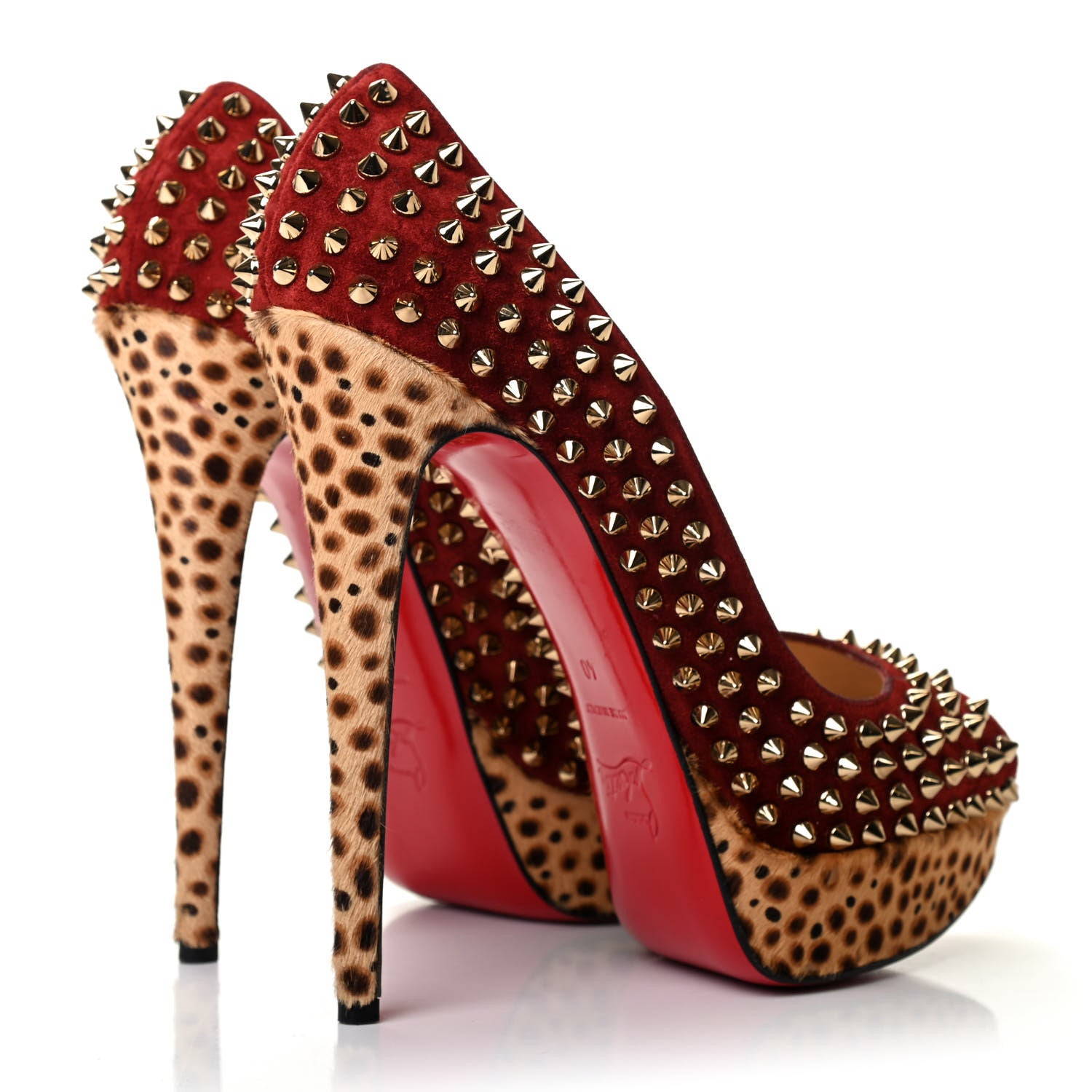Christian Louboutin Veau Velours Calf Hair Leopard Lady Peep Spikes 150 Pumps 40 Red 4 of 9