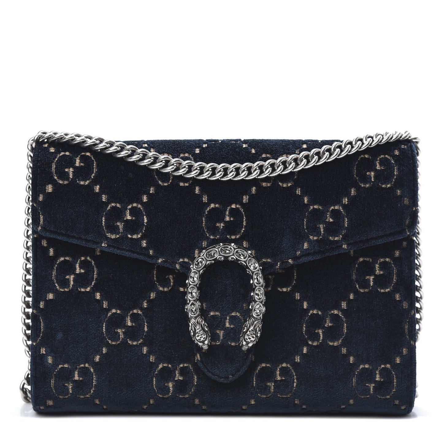 Velvet Crystal GG Monogram Mini Dionysus Chain Wallet Blue Beige Black