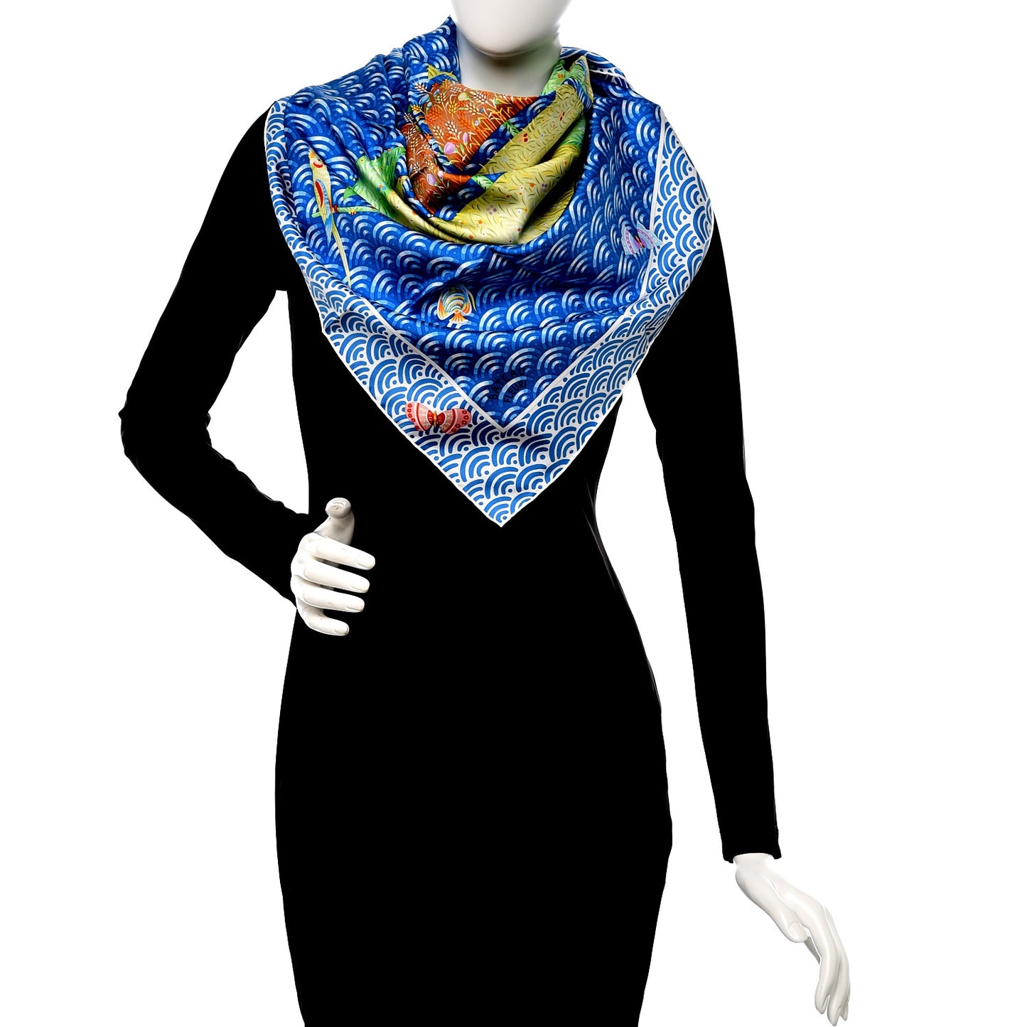 Silk Bateau Fleuri Scarf 90 Bleu Vert Jaune