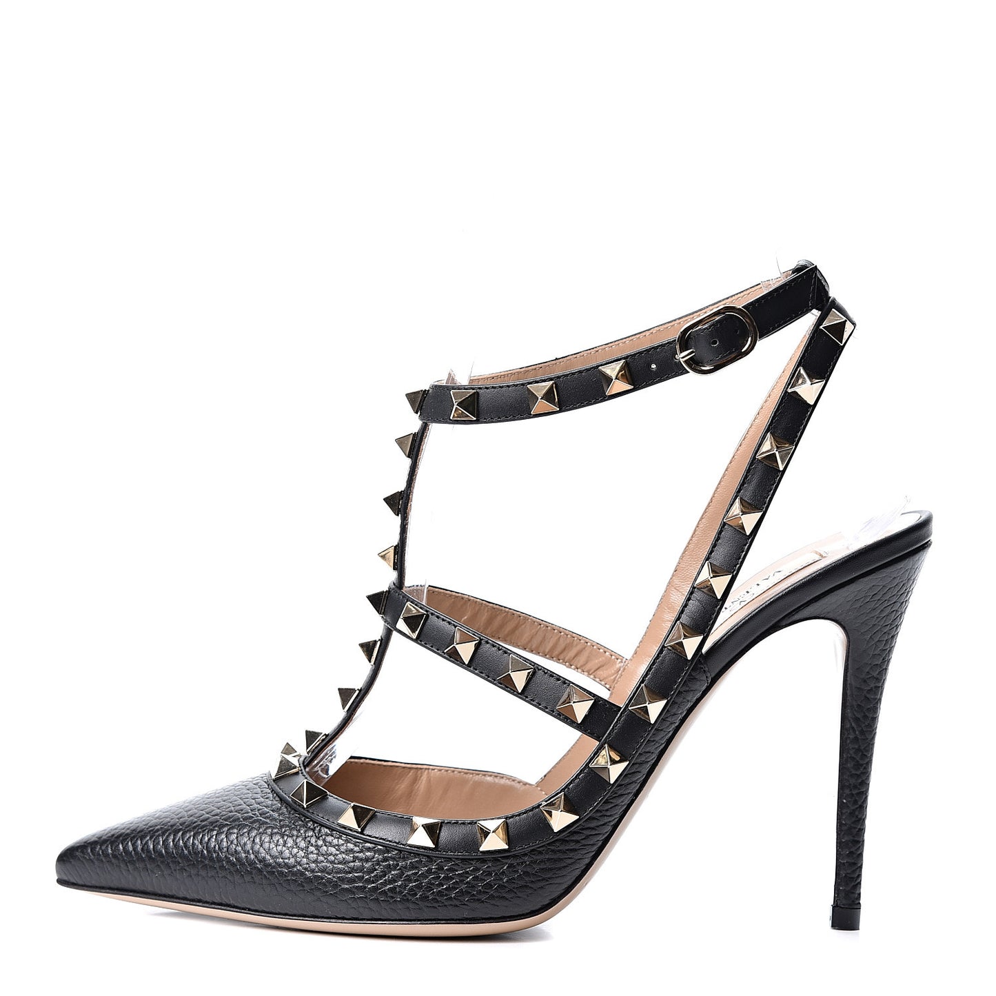 Pebbled Calfskin Rockstud Ankle Strap Pumps 39 Black
