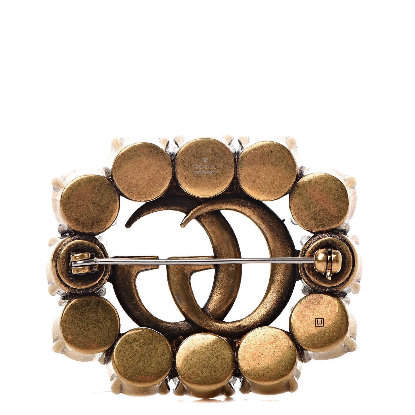 Metal Crystal Double G Brooch Aged Gold