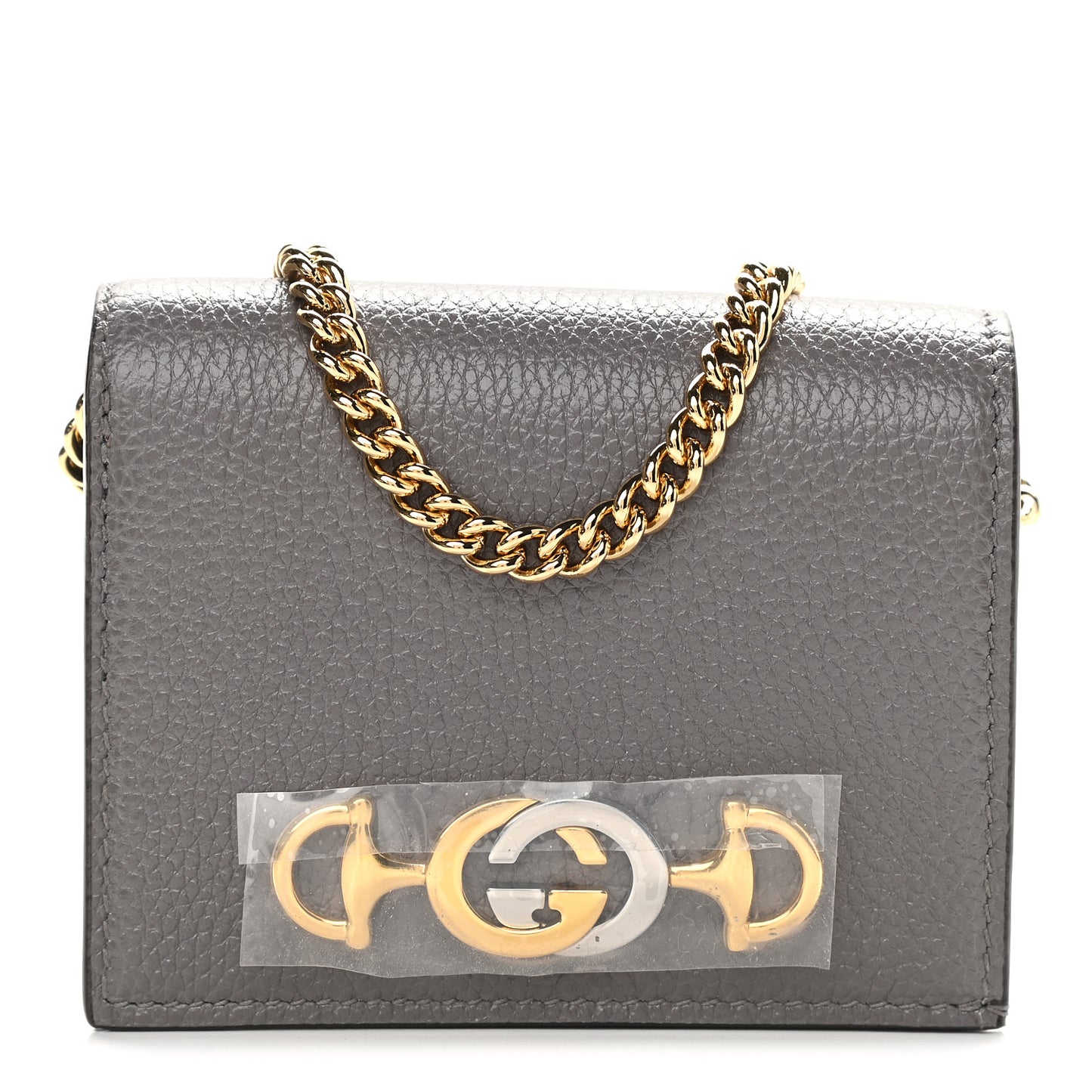 Grainy Calfskin Zumi Chain Card Case Wallet Dusty Grey