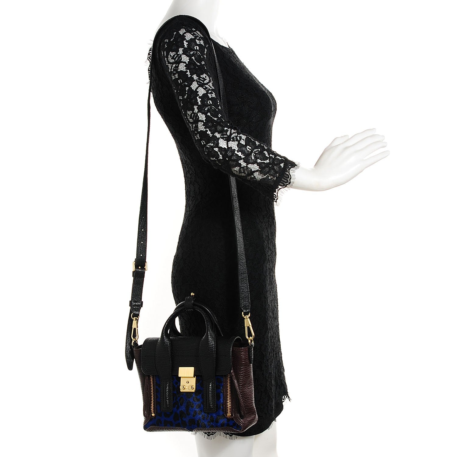 3.1 Phillip Lim 3.1 Grained Calfskin Leopard Calf Hair Mini Pashli Satchel Navy Dark Chocolate Black 2 of 12