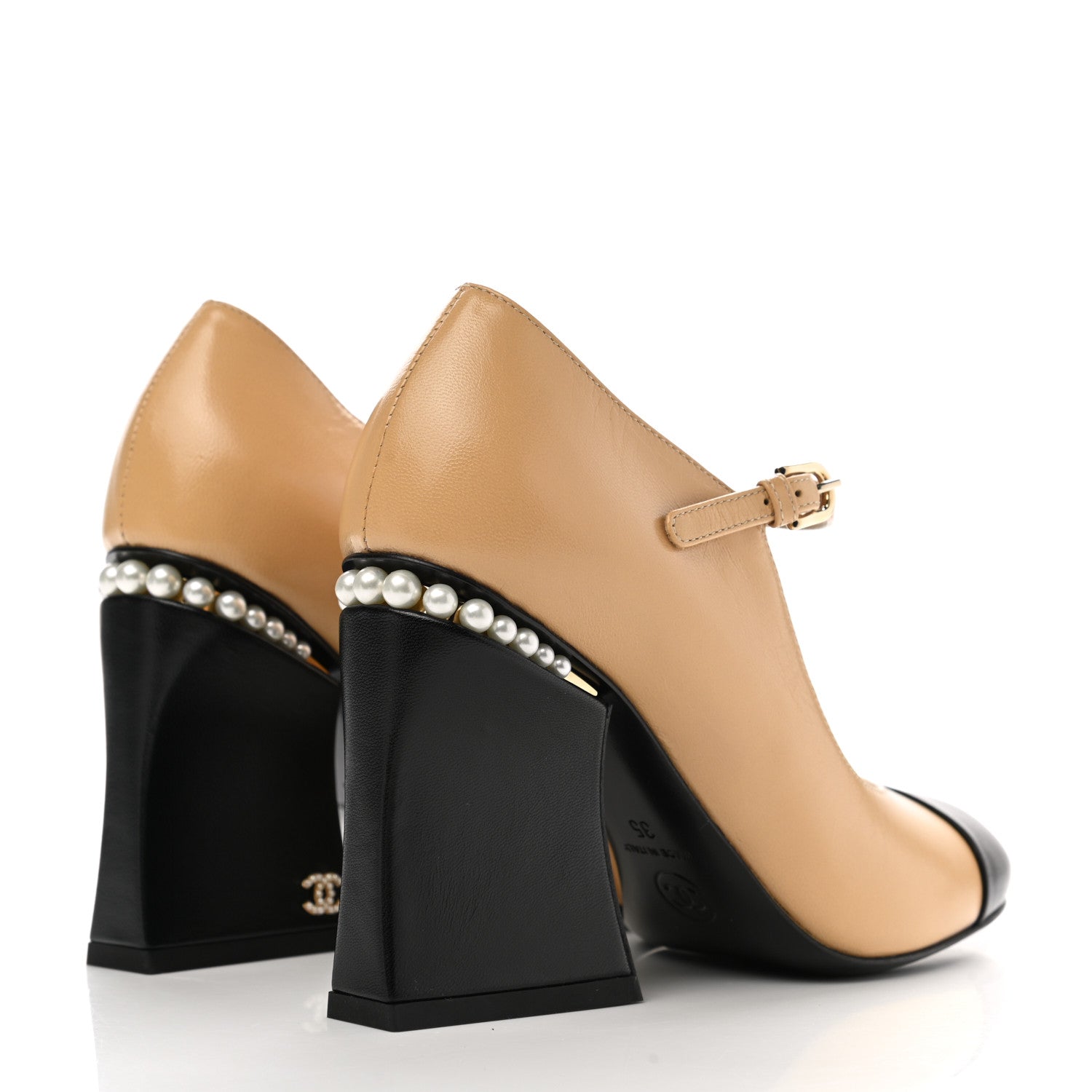 Chanel Shiny Goatskin Pearls Cap Toe Open Slingback Pumps 35 Beige Black 4 of 9
