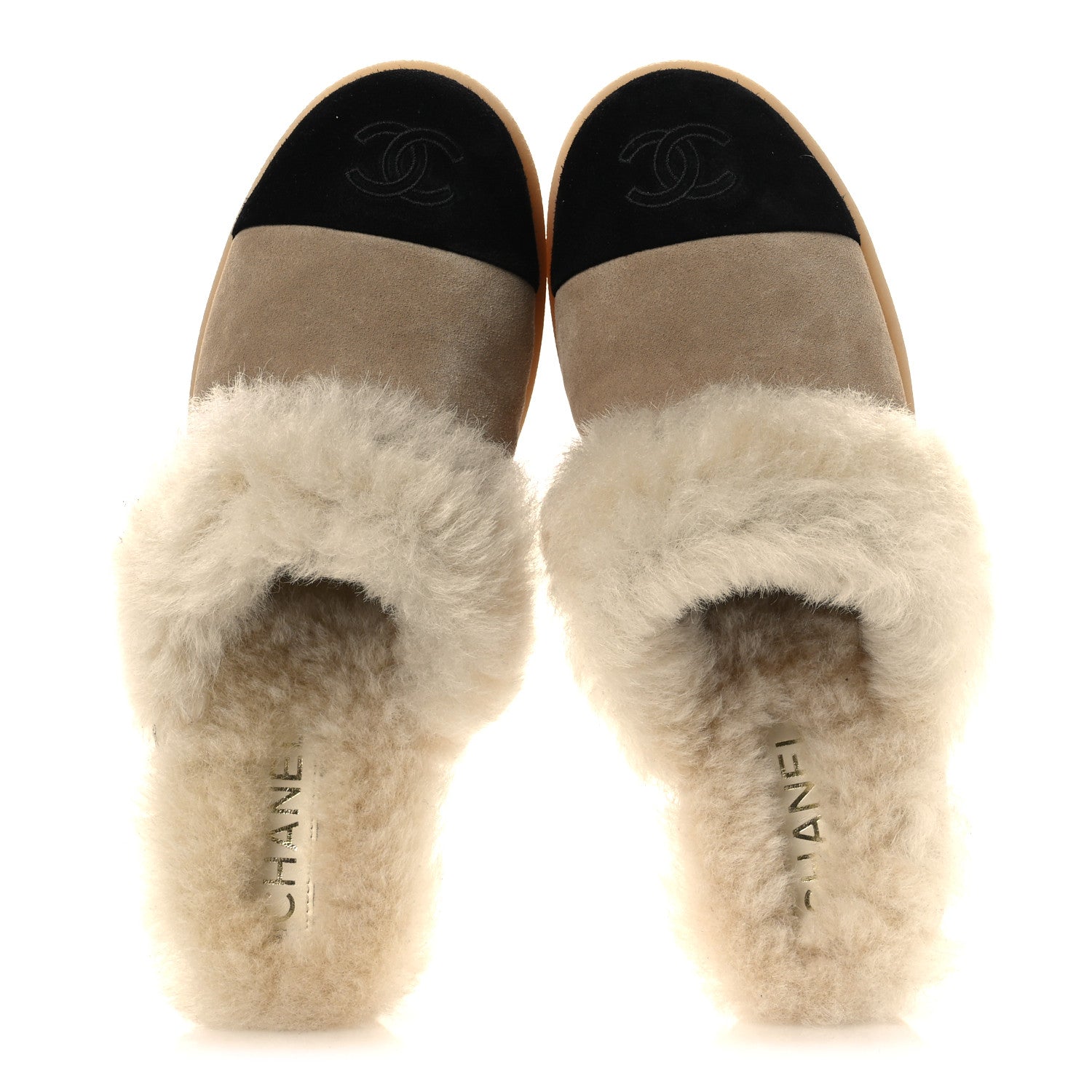 Chanel Suede Shearling CC Cap Toe Mules 39 Beige Black 2 of 10