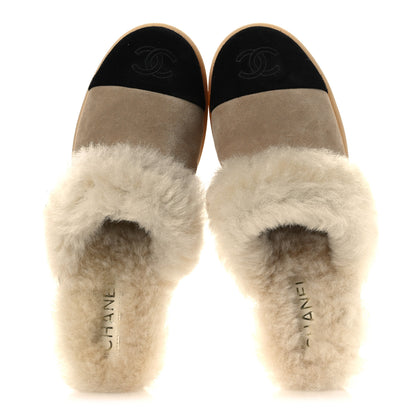 Chanel Suede Shearling CC Cap Toe Mules 39 Beige Black 2 of 10
