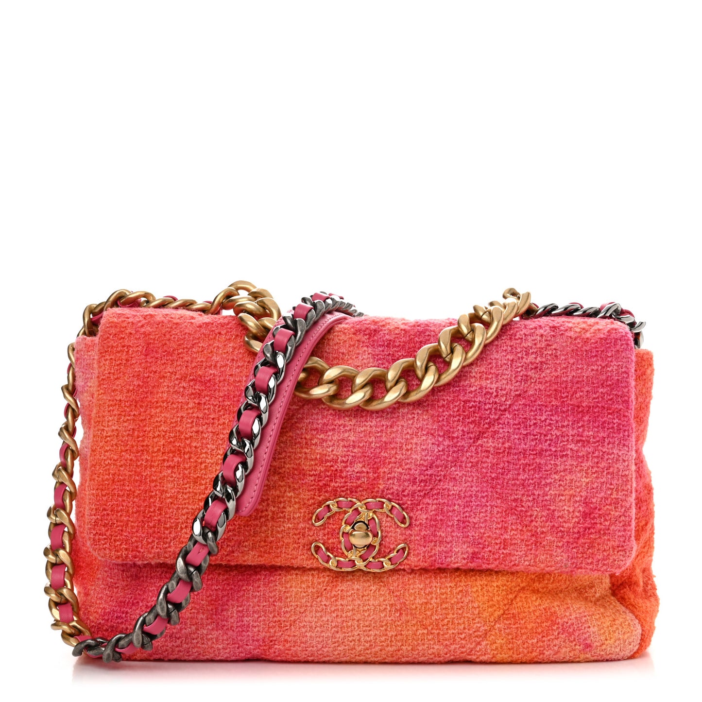 Tweed Quilted Large Chanel 19 Flap Coral Pink