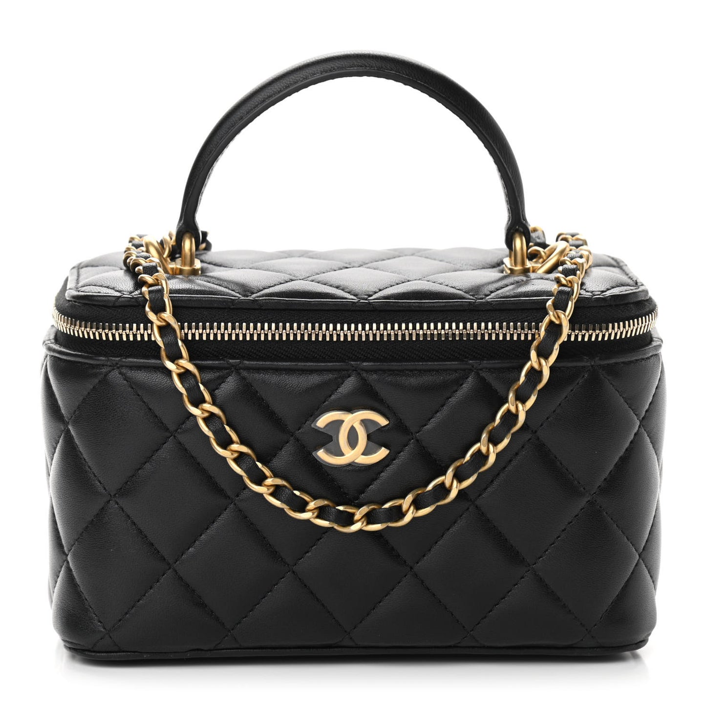 Lambskin Quilted Small Top Handle Vanity Case With Chain Black