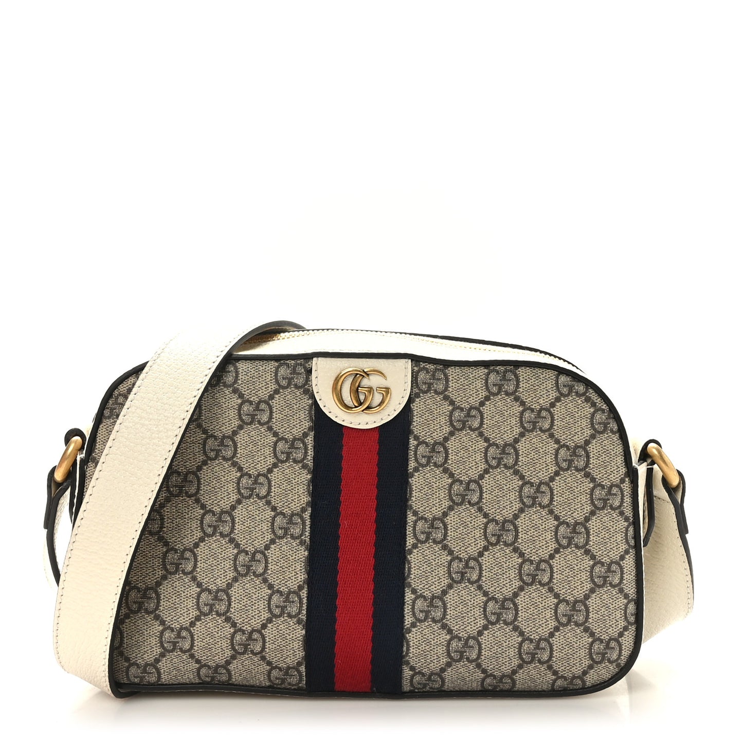 GG Supreme Monogram Textured Calfskin Web Small Ophidia Camera Bag Beige Ebony Mystic White