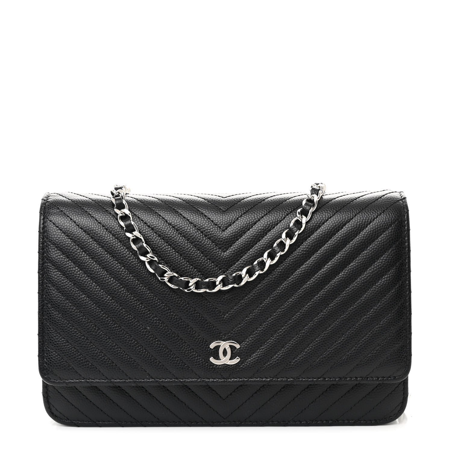 Chanel Caviar Chevron Quilted Wallet On Chain WOC Black 1 of 12