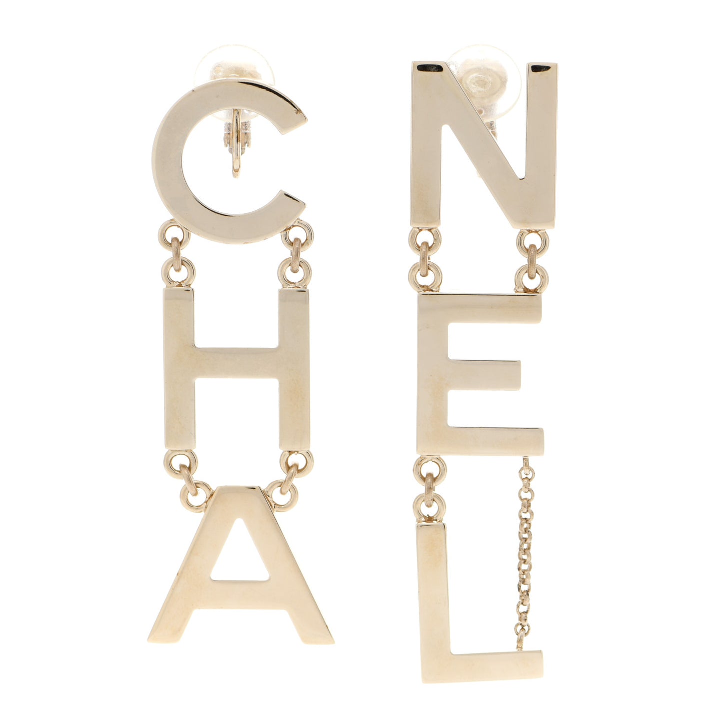 Metal Cha-Nel Logo Drop Earrings Gold