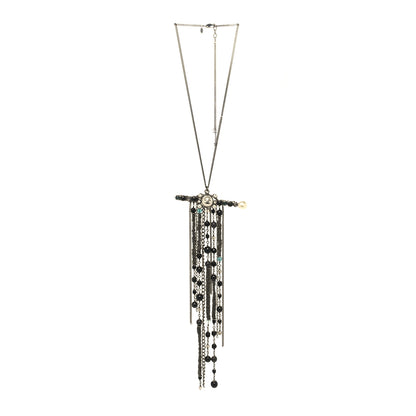 Chanel Ruthenium Crystal Pearl Beaded Enamel CC Multi Chain Bar Necklace Black 3 of 6