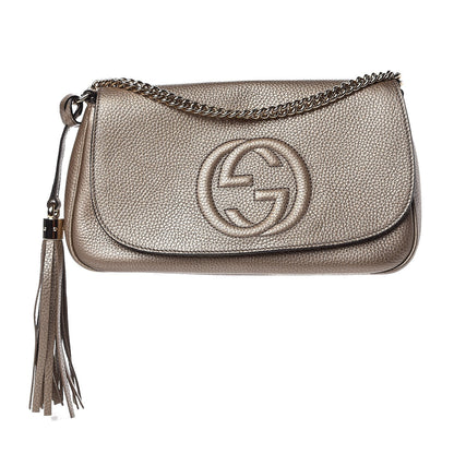 Gucci Metallic Pebbled Calfskin Medium Soho Flap Crossbody Golden Beige 1 of 7
