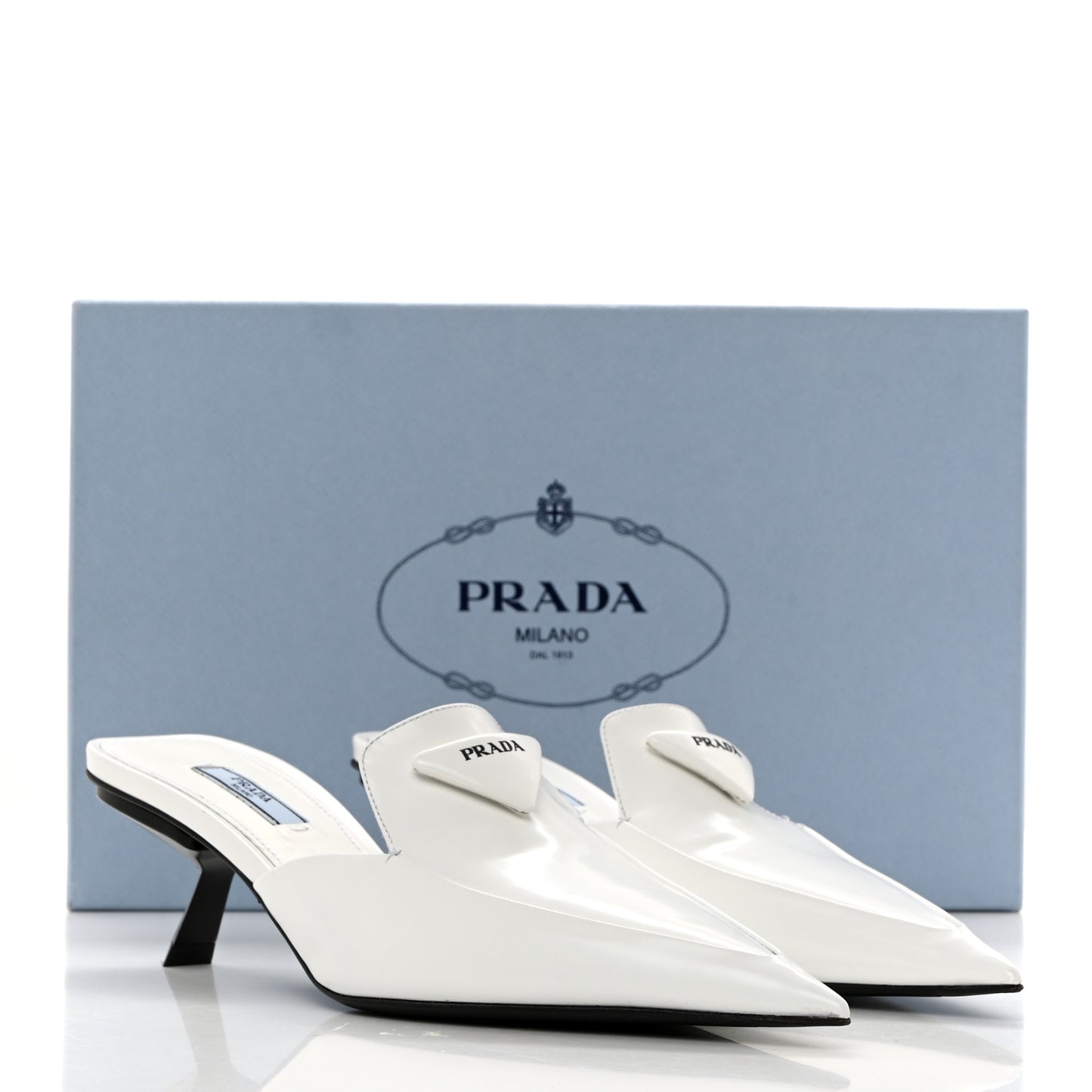 Spazzolato Triangle Logo Pointed Toe 55mm Mules 37.5 White